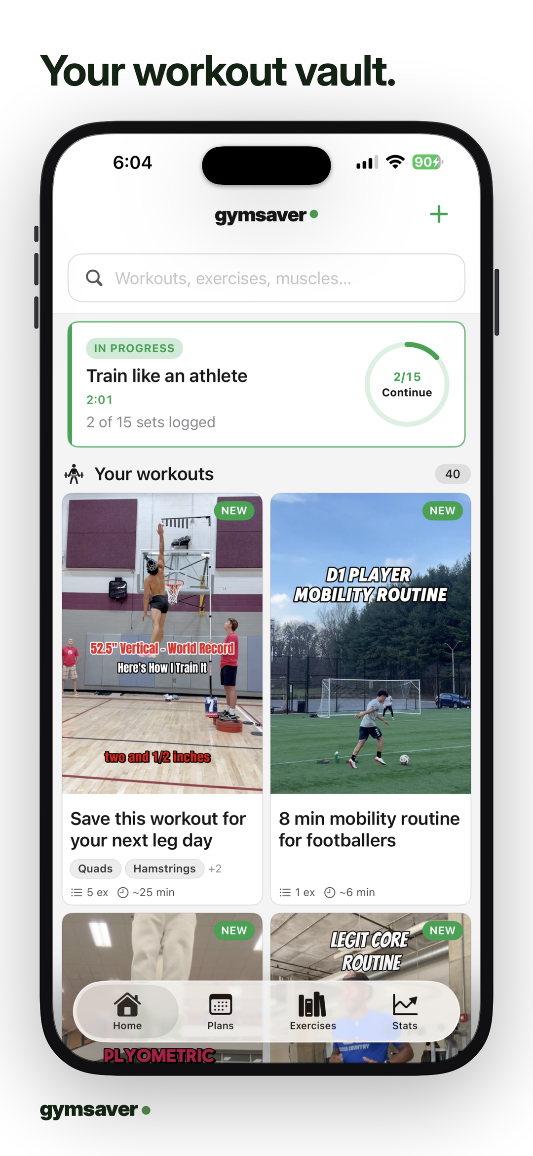 Your workout vault. Home screen with saved reel workouts.