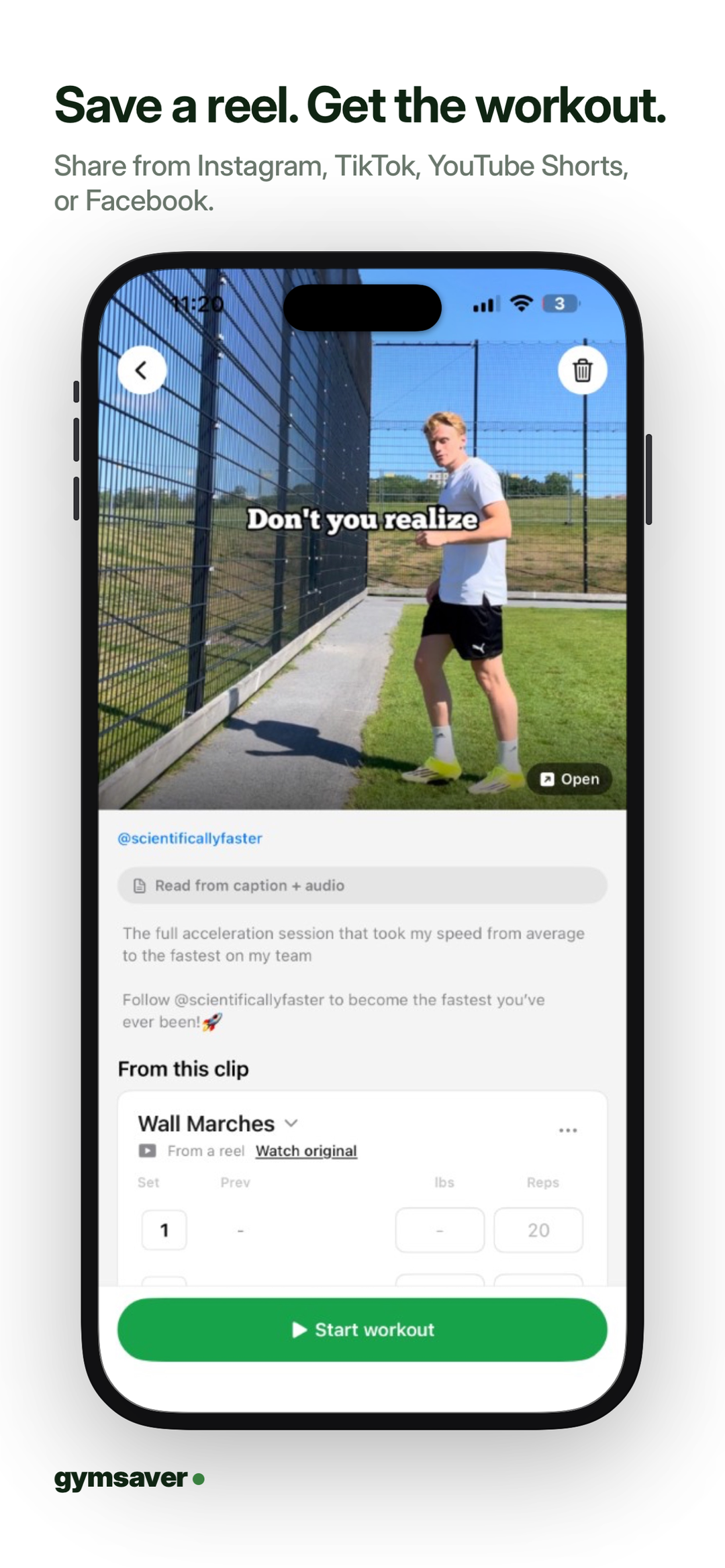 Save a reel. Get the workout. A saved reel with its extracted exercises, sets, and reps.
