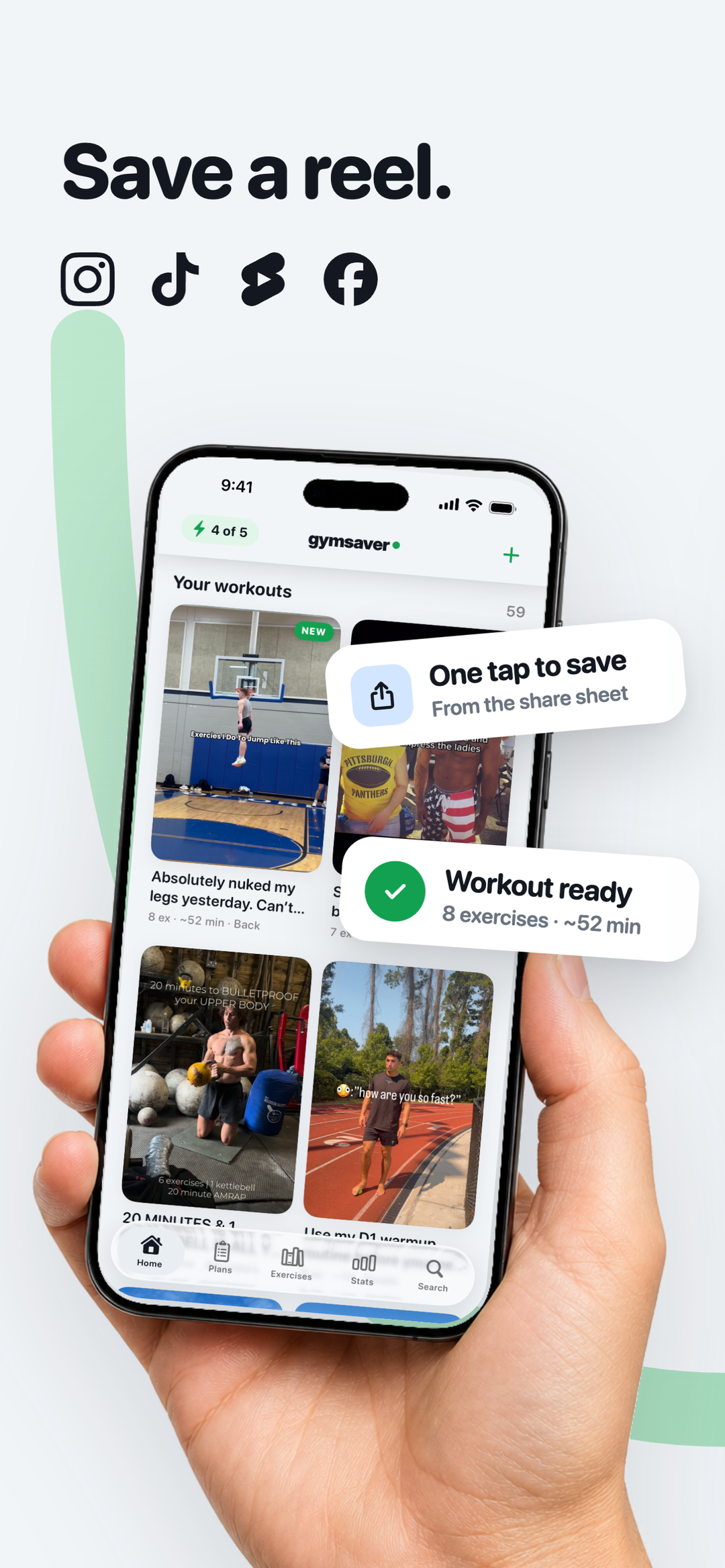 Save a reel. Your saved Instagram, TikTok, YouTube Shorts, and Facebook workouts in one library.