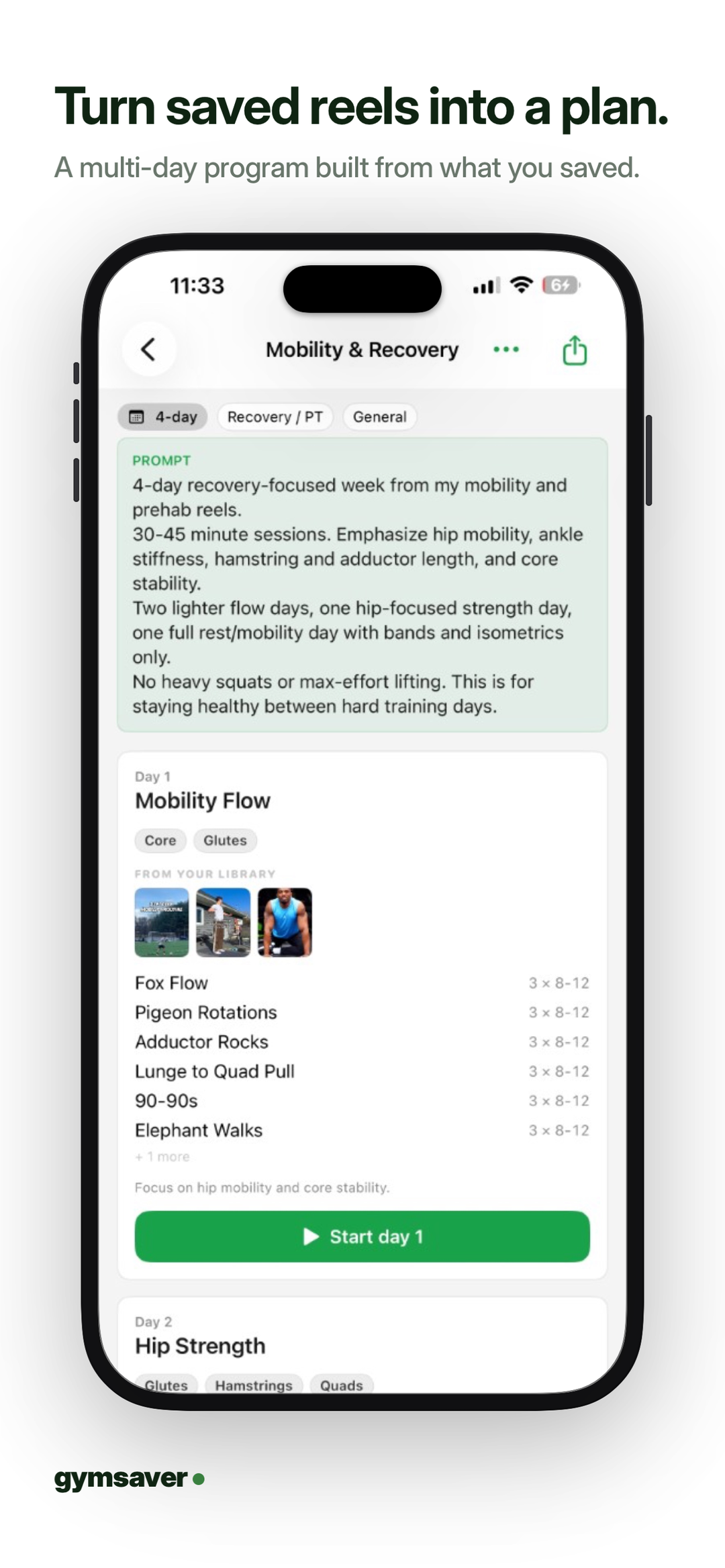 Turn saved reels into a plan. A multi-day program built from saved workouts.
