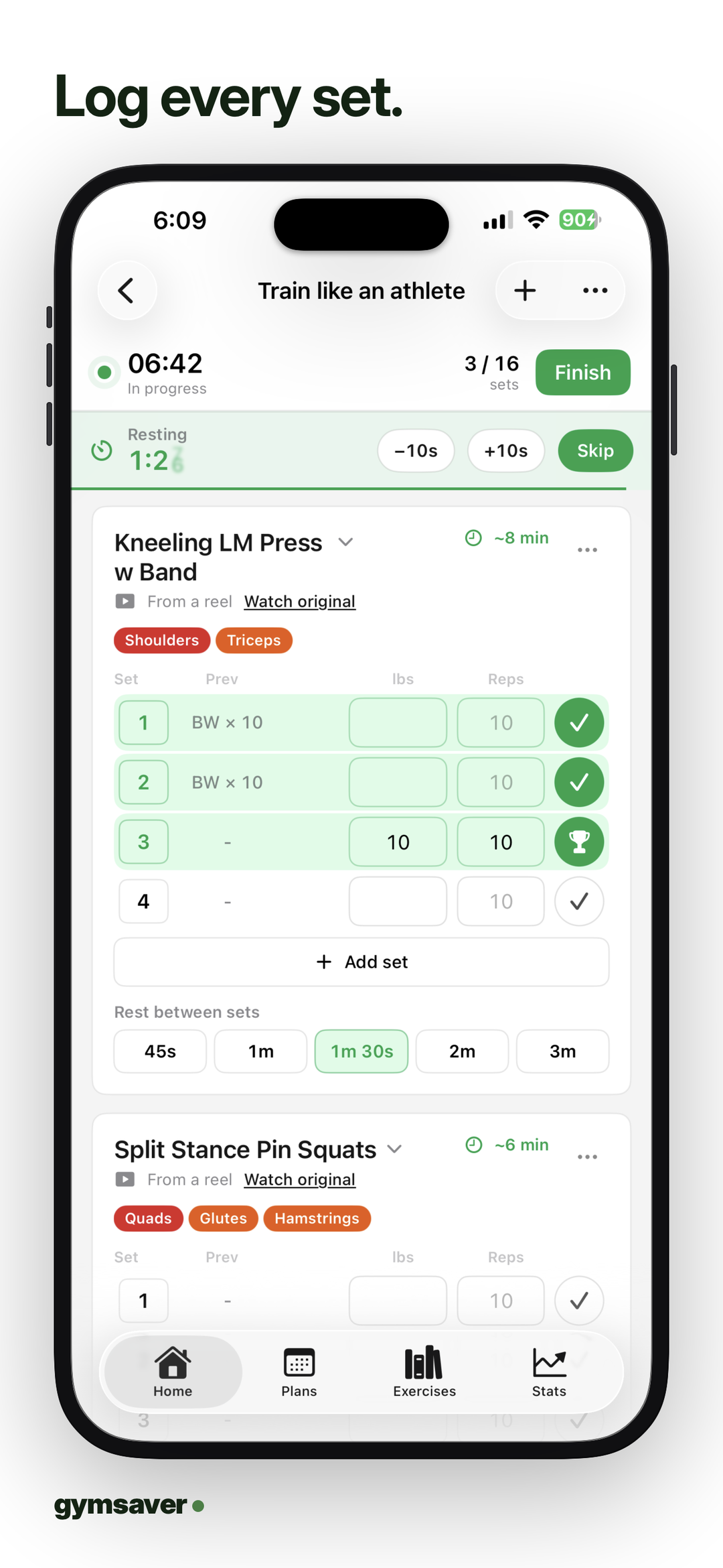 Log every set. Workout player with rest timer and set tracking.