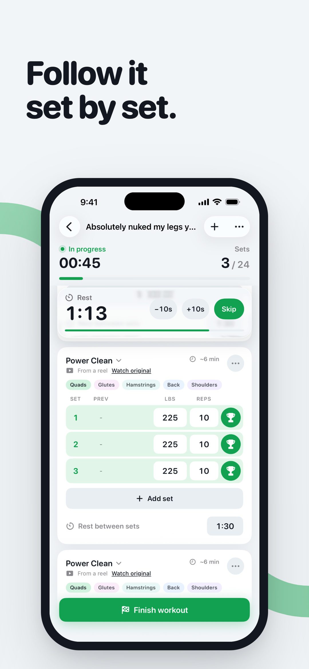 Follow it set by set. Log each set with a rest timer between them.