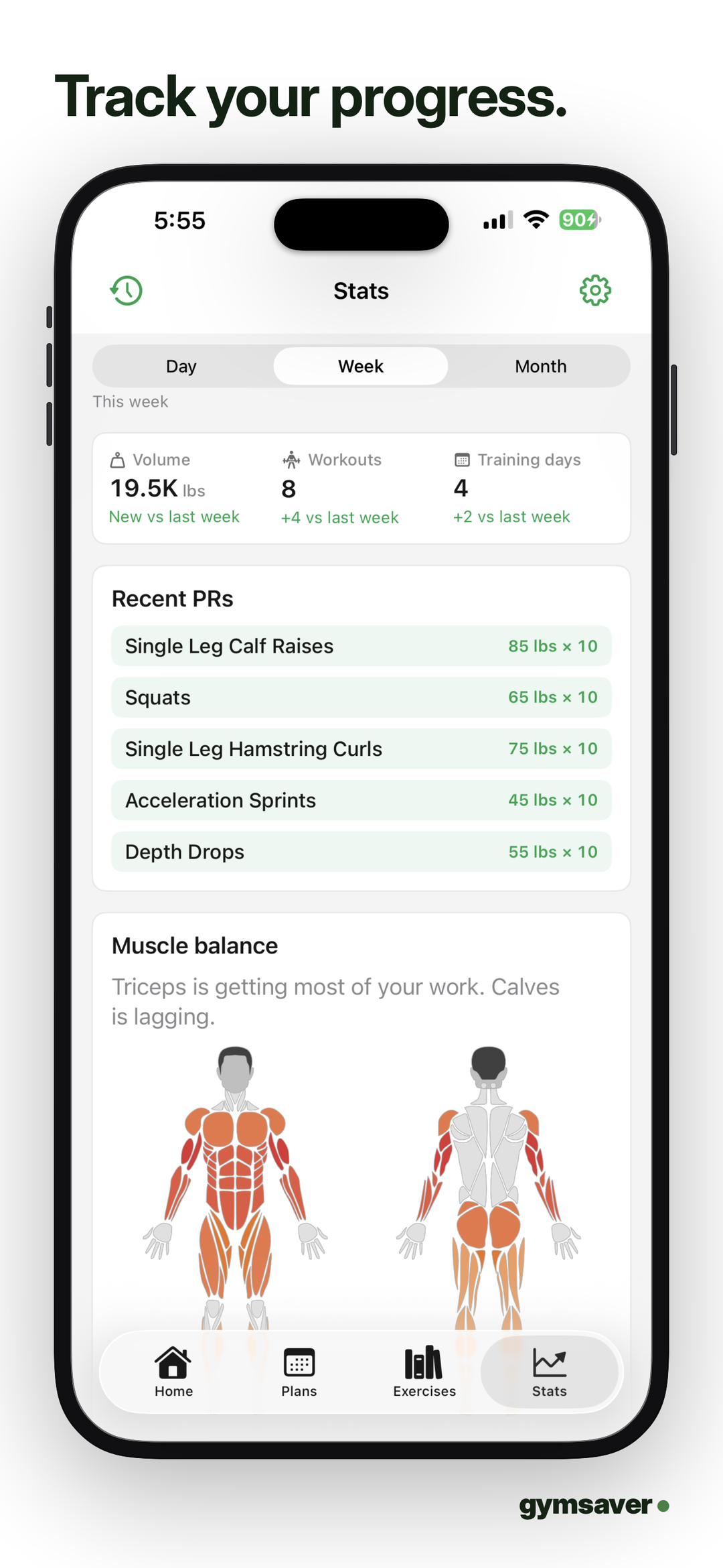 Track your progress. Weekly volume, PRs, and muscle balance.