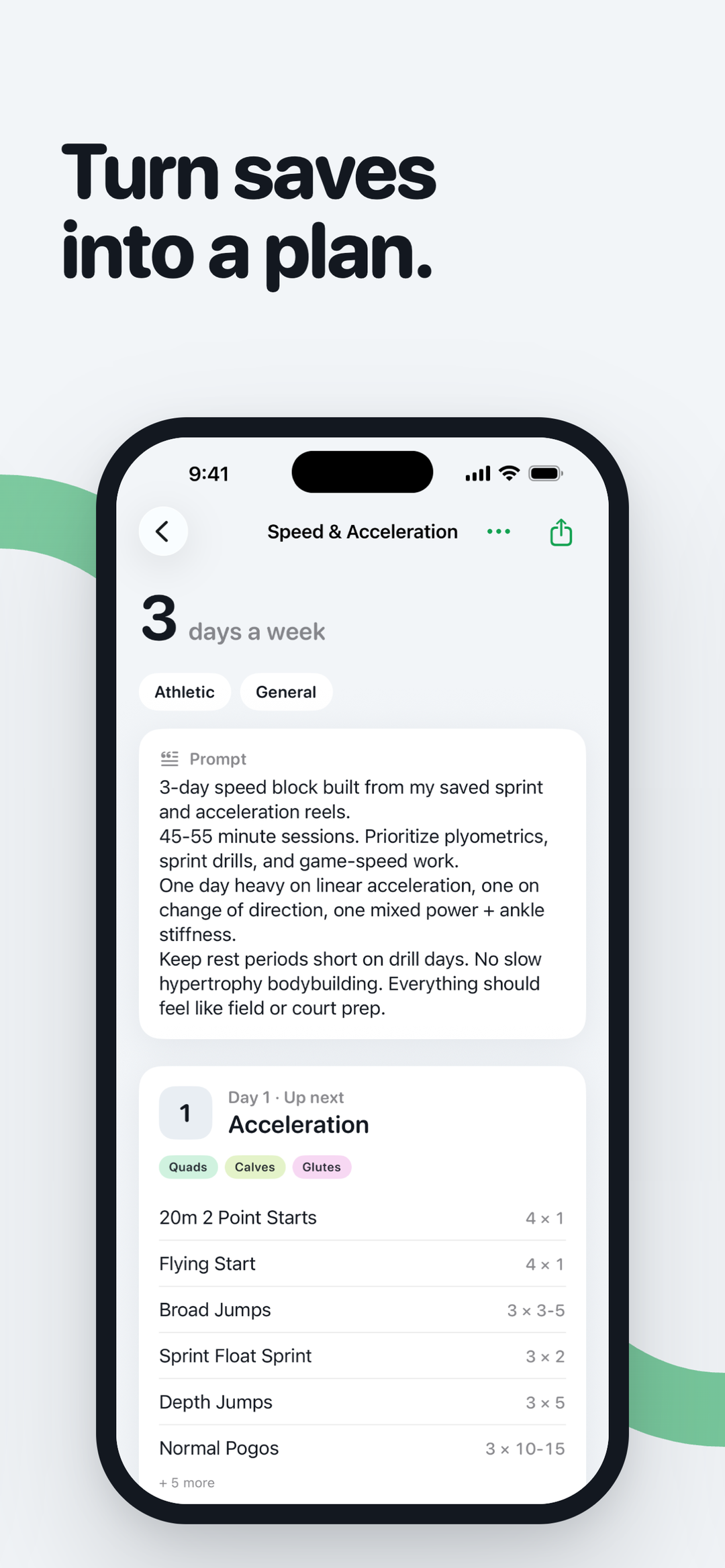 Turn saves into a plan. A weekly program built from your saved workouts.