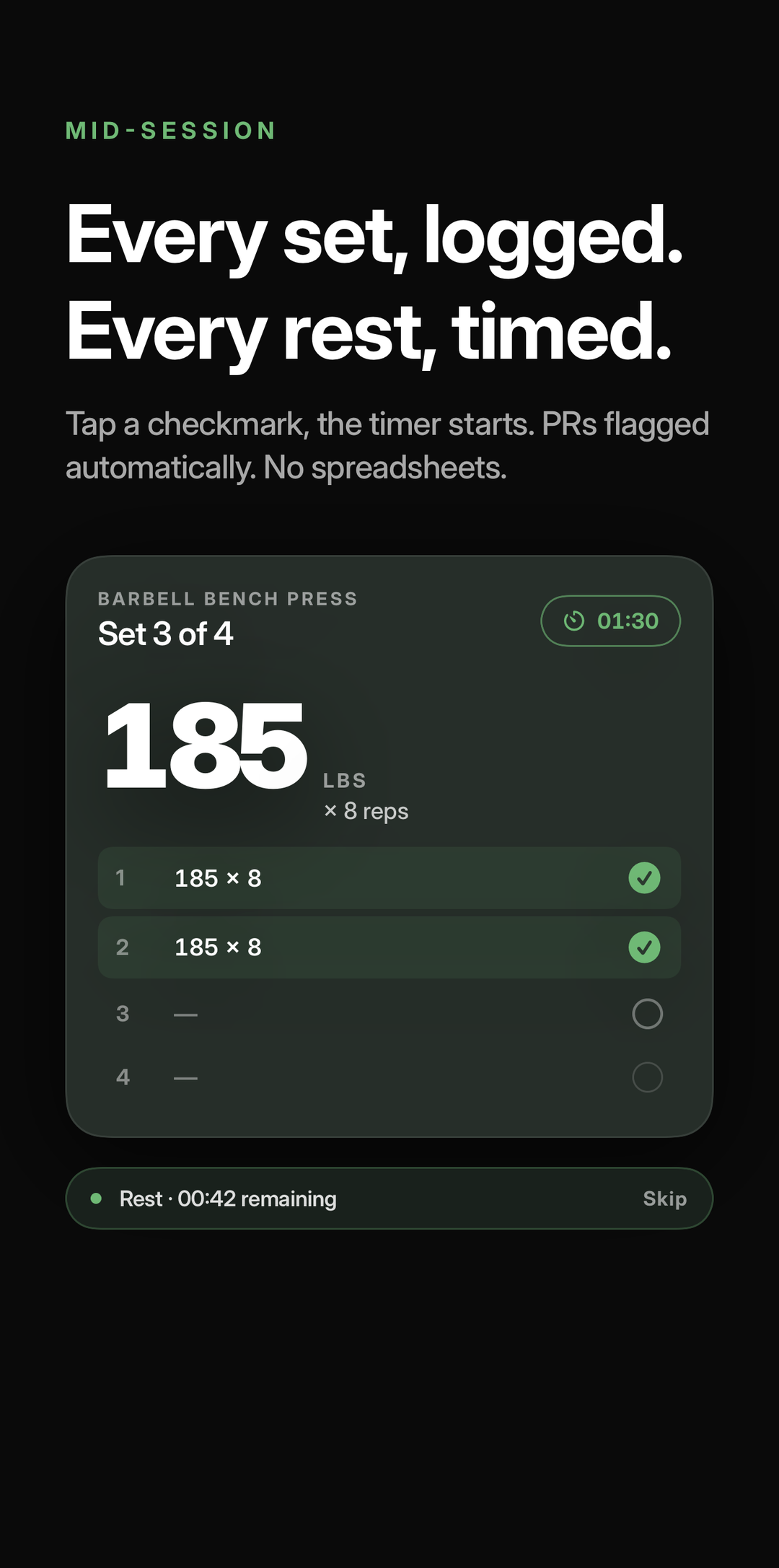 The session player: a set table with checkmarks, a rest timer counting down.